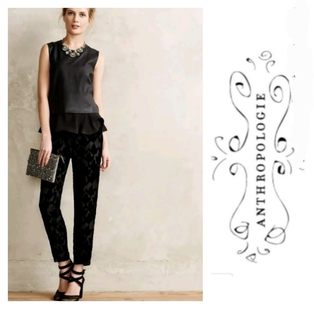 Anthropologie Harlyn Floral Flocked Burnout Velvet Black Satin Pants Size 6